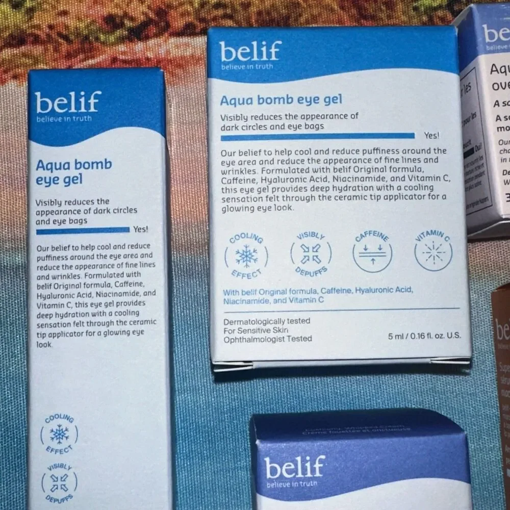 Belif Aqua Bomb Lot Of 7- True Cream, Lip Mask, 2x Eye Gel, Super Drops, etc